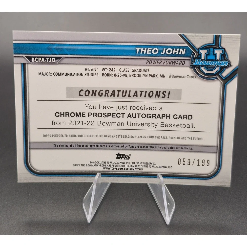 2022 Bowman Chrome Theo John #BCPA-TJO Silver Wave Refractor Auto /199 (AU) Duke